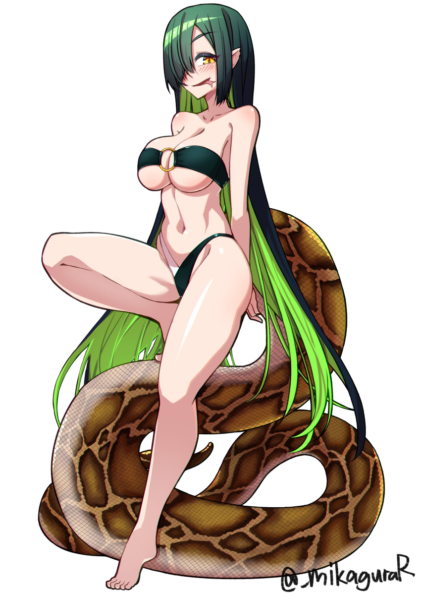 absurdres artist_name bikini breasts brown_scales colored_inner_hair female forked_tongue full_body green_bikini green_hair hair_over_one_eye highres large_breasts long_hair long_tail looking_at_viewer mikagura multicolored_hair o-ring o-ring_bikini open_mouth original pointy_ears scales simple_background slit_pupils smile snake_girl snake_tail solo standing strapless strapless_bikini swimsuit tail tongue tongue_out twitter_username very_long_hair very_long_tail white_background yellow_eyes