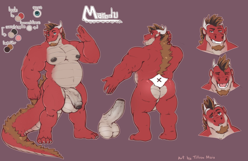 anthro balls belly big_balls big_penis character_sheet color dragon erection expressions flaccid foreskin horns male male_only marodu musclegut muscles muscular muscular_male nipples pecs penis reference_sheet reptile scalie solo solo_male tail tilionmaia