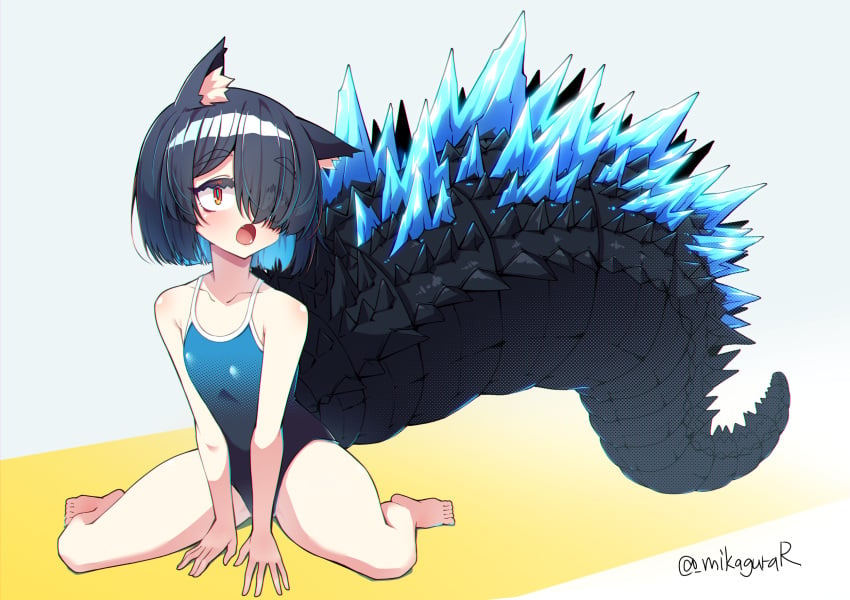 animal_ear_fluff animal_ears artist_name between_legs black_hair blue_hair blue_one-piece_swimsuit blue_sclera cat_ears colored_inner_hair colored_sclera female full_body grey_background hair_over_one_eye hand_between_legs highres large_tail looking_at_viewer mikagura multicolored_hair oerba_yun_fang one-piece_swimsuit open_mouth orange_eyes original short_hair simple_background sitting solo spines swimsuit tail twitter_username wariza yellow_background