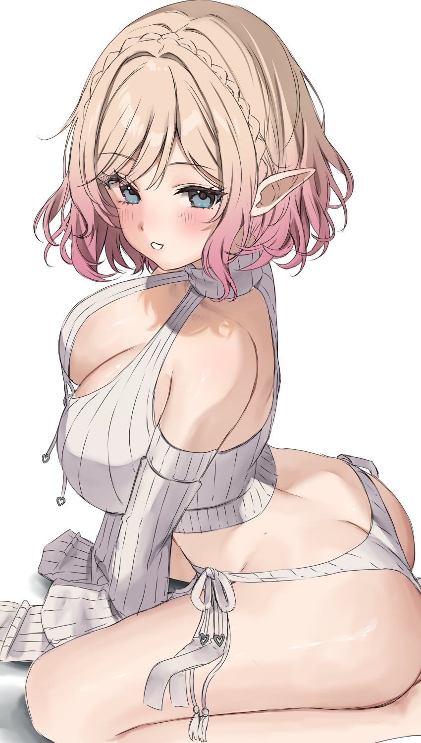 absurdres ass blush breasts cleavage female highres indie_virtual_youtuber looking_at_viewer pointy_ears smile solo sweater teeth underwear virtual_youtuber vitaminechan wide_hips