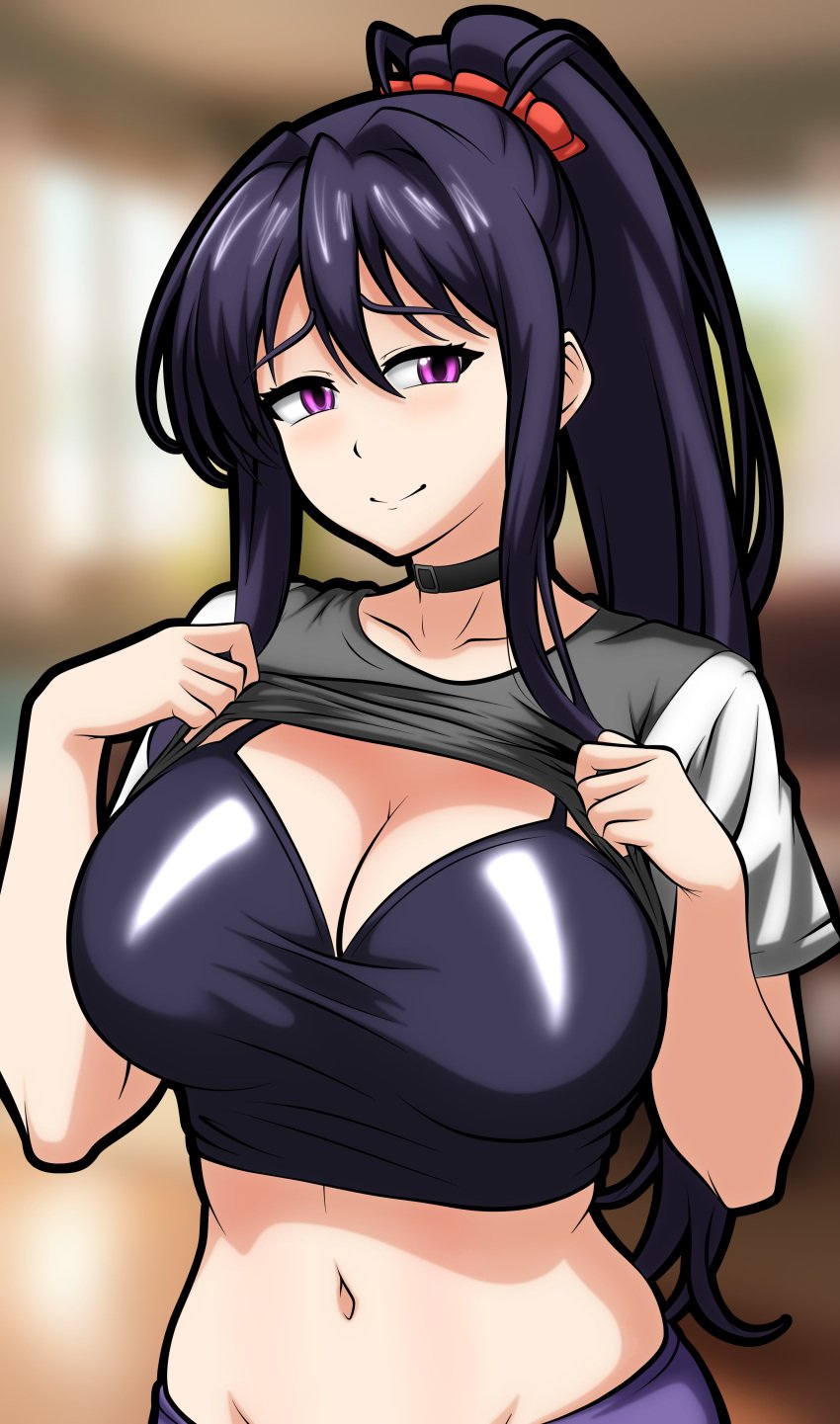 1girls akeno_himejima big_breasts black_hair blush bra breasts cleavage clothing cyrano_(pixiv) female female_only hair high_school_dxd huge_breasts looking_at_viewer ponytail purple_bra purple_eyes shirt shirt_lift shirt_up solo solo_female topwear white_shirt