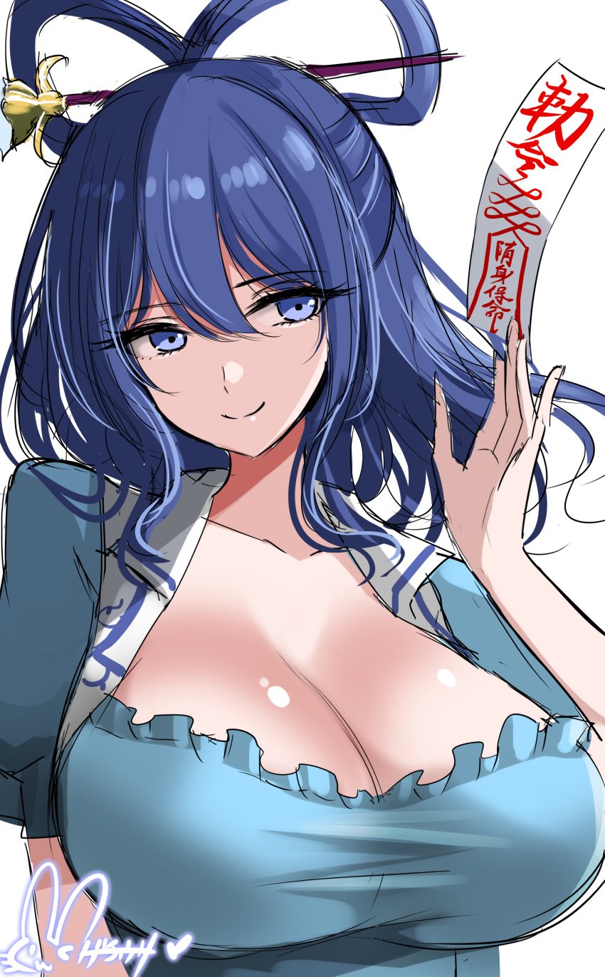 absurdres artist_name blue_dress blue_eyes blue_hair breasts button_gap cleavage dress female frilled_sleeves frills hair_rings highres hisin kaku_seiga large_breasts medium_hair ofuda puffy_short_sleeves puffy_sleeves seiga_kaku short_sleeves solo touhou upper_body white_background