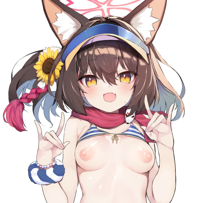 allied_hyakkiyako_academy_student animal_ear_fluff animal_ears bead_bracelet beads bikini bikini_top_lift blue_archive blue_bikini blush bracelet breasts brown_hair clothes_lift commentary_request cute_fang double_fox_shadow_puppet female flower fox_ears fox_girl fox_shadow_puppet hair_between_eyes hair_flower hair_ornament halo highres izuna_(blue_archive) izuna_(swimsuit)_(blue_archive) jewelry looking_at_viewer medium_breasts medium_hair ninjutsu_research_club_(blue_archive) nipples oerba_yun_fang open_mouth orange_eyes red_scarf scarf side_ponytail simple_background skin_fang smile solo striped striped_bikini sunflower sunflower_hair_ornament sweatdrop swimsuit teranekosu upper_body visor_cap white_background