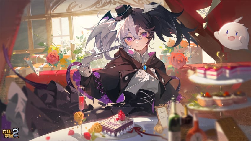 benghuai_xueyuan black_hair cake copyright_name day female floating flower food fran_(benghuai_xueyuan) ghost gloves hat head_wings highres holding holding_knife honkai_(series) indoors knife mini_hat multicolored_hair official_art purple_eyes second-party_source two-tone_hair white_hair window wings