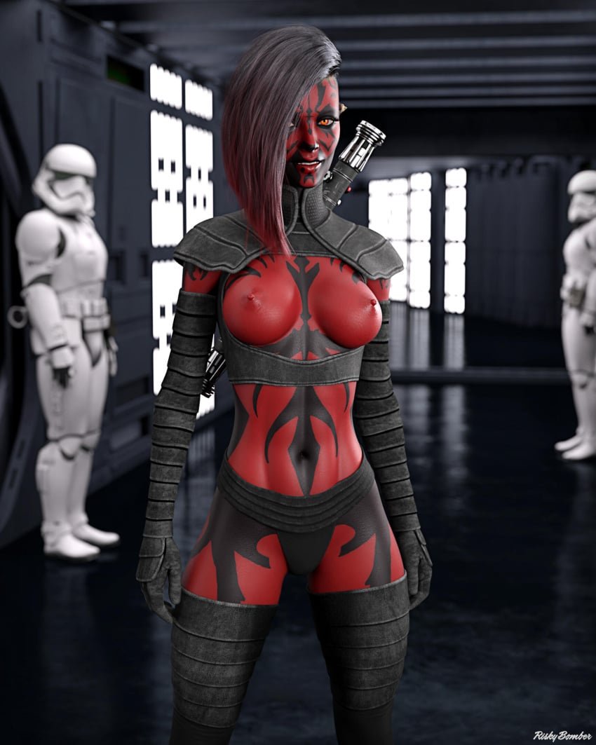 1girls 2023 3d black_body black_hair black_skin darth_maul depth_of_field fanart female female_focus front_view indoors large_breasts lightsaber looking_at_viewer red_body red_eyes red_hair red_skin riskybomber rule_63 sci-fi science_fiction sith solo_focus standing star_wars stormtrooper thighhighs topless two-tone_hair two_tone_hair