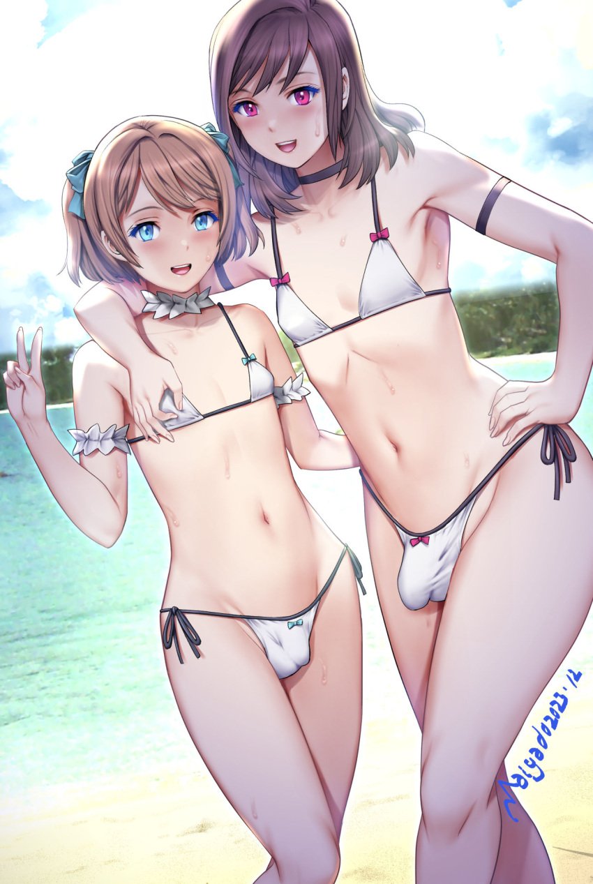 2boys :d aqua_bow armpits artist_name beach bikini black_choker blue_eyes blue_sky blurry blurry_background bow brown_hair bulge choker crossdressing dated day feet_out_of_frame femboy flaccid girly hairbow hand_on_own_hip hand_up highres legs male male_focus male_only medium_hair micro_bikini multiple_boys navel original otoko_no_ko outdoors purple_eyes saigado short_hair side-tie_bikini_bottom sky smile stomach sweatdrop swimsuit trap two_side_up v white_bikini