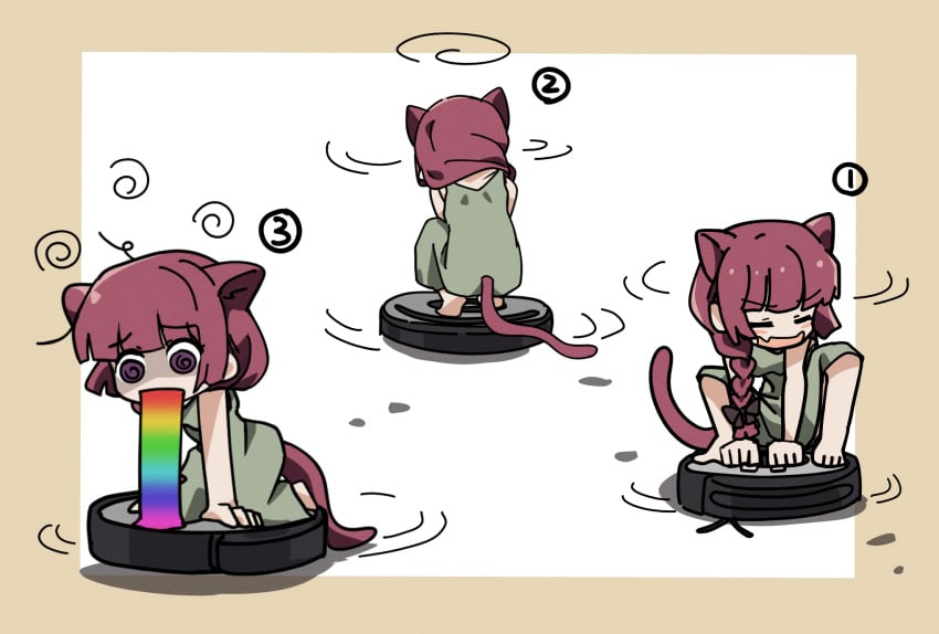 @_@ animal_ears bocchi_the_rock! border braid brown_border cat_ears cat_girl cat_tail dress female funny goumonsha green_dress highres hiroi_kikuri kemonomimi_mode meme motion_lines multiple_views outside_border red_hair robotic_vacuum_cleaner single_braid sitting solo tail vomiting_rainbows white_background