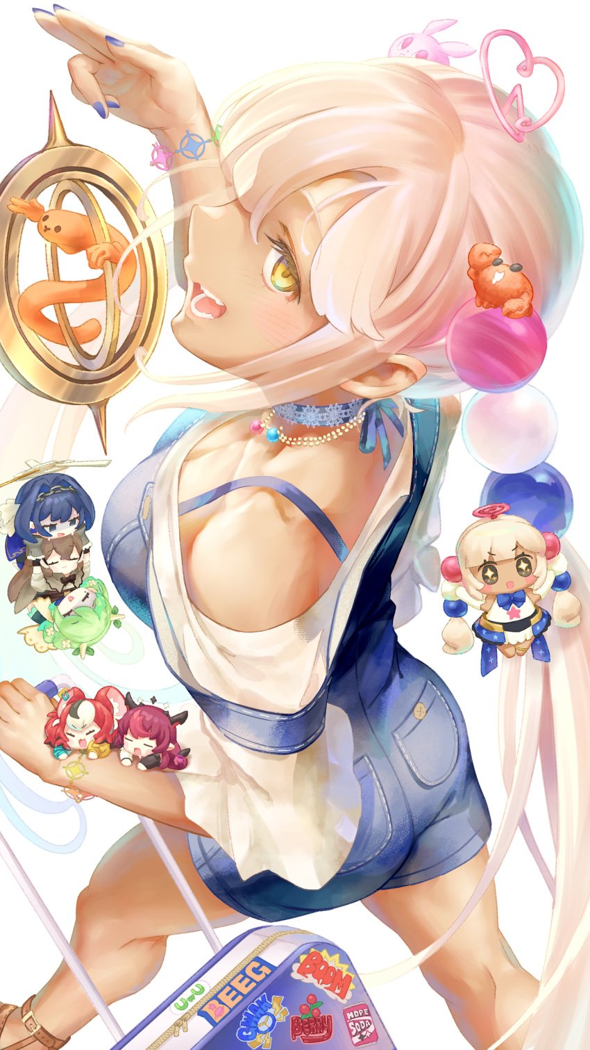 6+girls absurdres alternate_costume bare_shoulders blonde_hair blue_choker blue_overalls blush bracelet breasts ceres_fauna choker cleavage commentary dark-skinned_female dark_skin english_commentary female from_above graduated_vtuber hair_ornament hakos_baelz highres holocouncil hololive hololive_english hololive_english_-council- hololive_english_-promise- irys irys_(hololive) jewelry kaniko_(tsukumo_sana) large_breasts long_hair looking_at_viewer multiple_girls nanashi_mumei necklace ouro_kronii overall_shorts overalls planet_hair_ornament rolling_suitcase salute sandals shirt sidelocks sleeves_past_elbows smol_baelz smol_fauna smol_irys smol_kronii smol_mumei smol_sana suitcase tataki_tuna tsukumo_sana twintails two-finger_salute usaslug_(tsukumo_sana) very_long_hair virtual_youtuber white_shirt yatagarasu_(tsukumo_sana) yellow_eyes