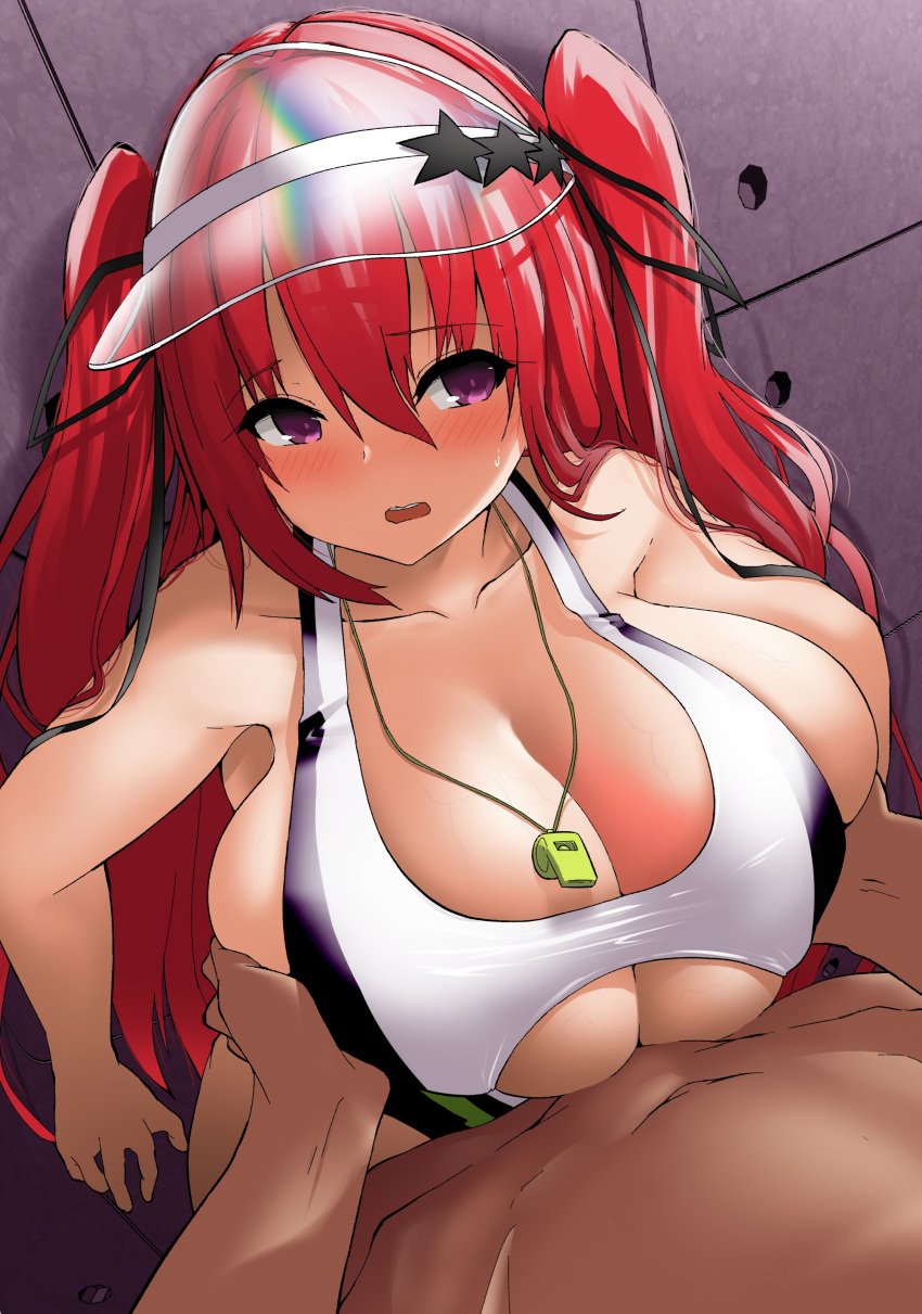 1boy absurdres akure_ekuto blush breasts cleavage clothed_female_nude_male commentary_request commission female hair_between_eyes hat_ornament highres huge_breasts long_hair looking_at_viewer naruse_mio nude open_mouth paizuri pov purple_eyes red_hair shinmai_maou_no_testament skeb_commission solo_focus star_(symbol) star_hat_ornament transparent_headwear two_side_up variant_set visor_cap whistle whistle_around_neck