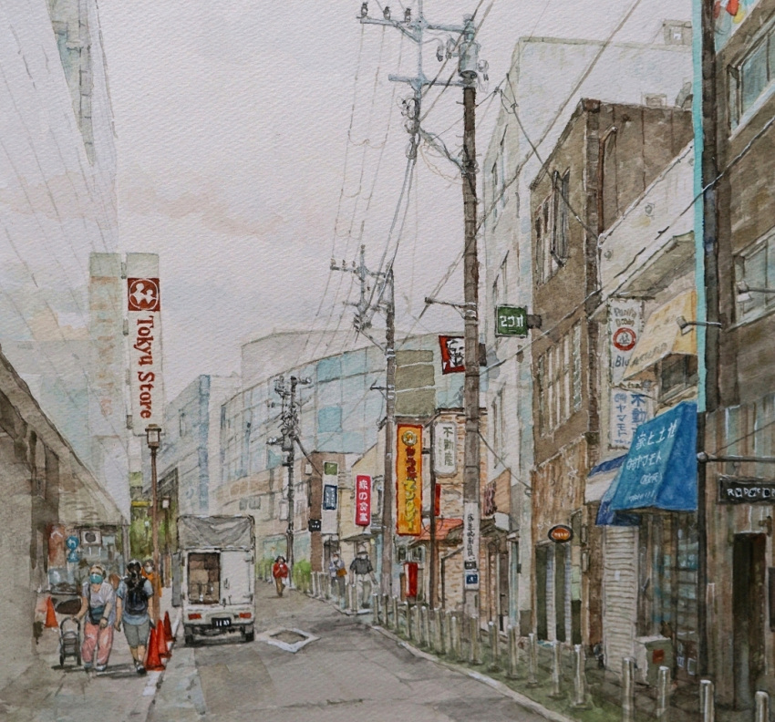 6+others building kfc lamppost motor_vehicle multiple_others original painting_(medium) power_lines restaurant scenery shiki4winter shop sign sliding_doors traditional_media traffic_cone truck utility_pole watercolor_(medium) window