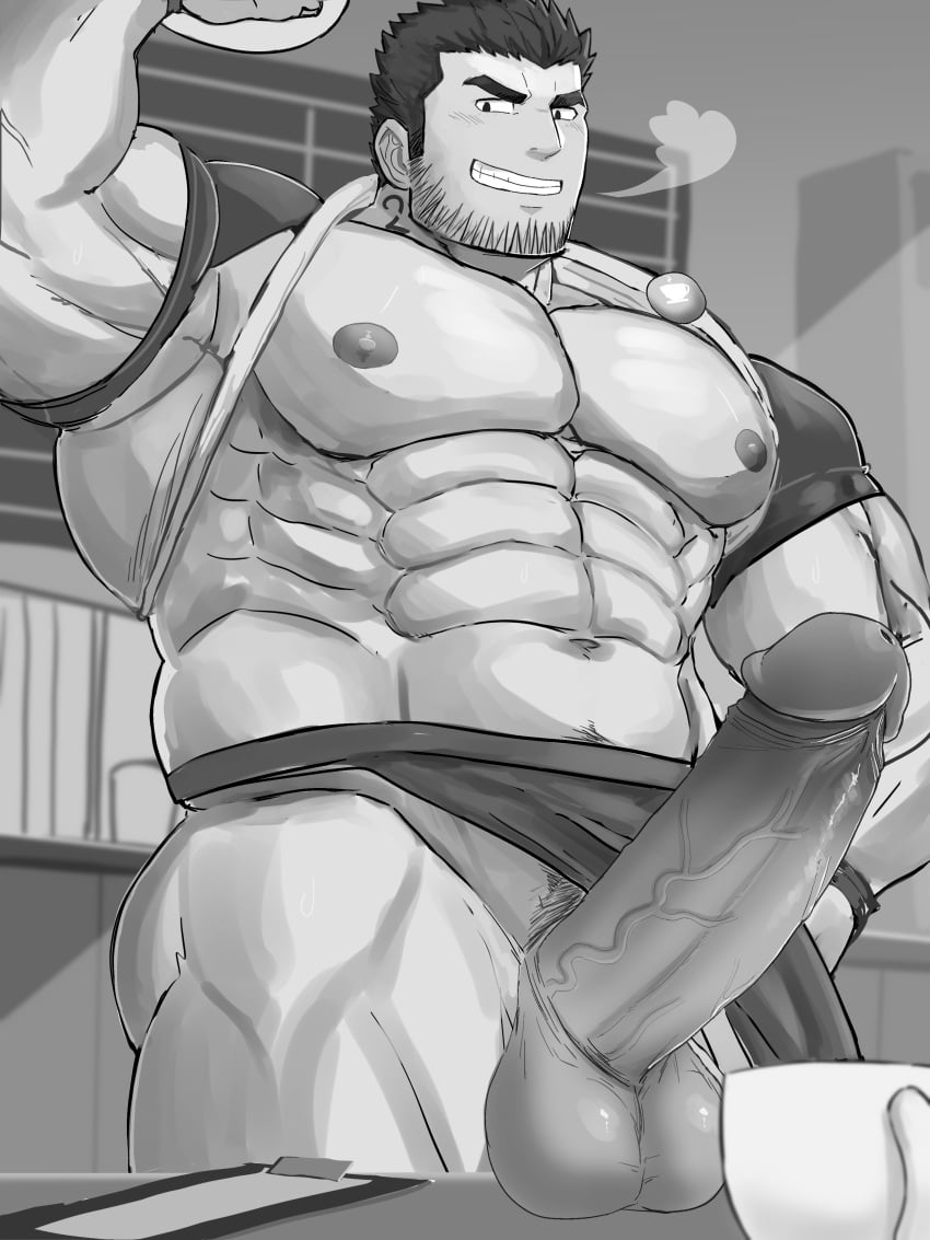 1boy balls bara bara_tits barazoku beard_stubble big_balls big_penis black_hair clothing erection flexing_bicep gay hard_on looking_at_viewer lucas_lee male male_focus male_nipples male_only male_pubic_hair manly miazuma_shouki monochrome muscular_male nipples nude penis scott_pilgrim solo solo_male