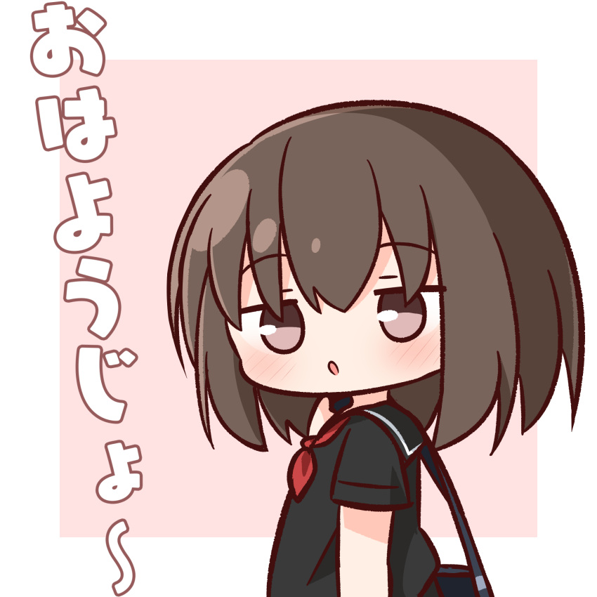 bag black_sailor_collar black_shirt blush brown_eyes brown_hair female from_side hair_between_eyes hana_kazari highres looking_at_viewer looking_to_the_side neckerchief original parted_lips pink_background red_neckerchief sailor_collar school_bag school_uniform serafuku shirt short_sleeves solo translation_request two-tone_background upper_body white_background