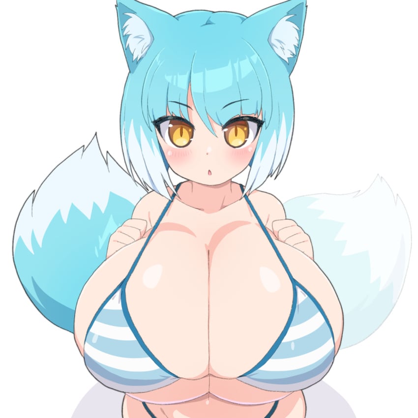 animal_ear_fluff animal_ears aqua_hair asagi_(bombergirl) big_breasts bikini bimbo blue_bikini blush bob_cut bomber_girl bombergirl breast_suppress breasts chestnut_mouth cleavage gigantic_breasts highres huge_breasts large_breasts massive_breasts shirogane_hakuba short_hair short_stack shortstack slit_pupils solid_color_background striped striped_bikini swimsuit tail wagging_tail white_background wolf_ears wolf_girl wolf_tail yellow_eyes