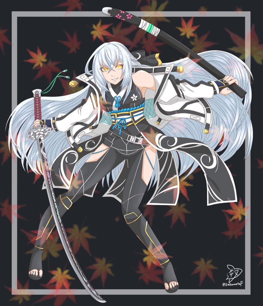 absurdres artist_name autumn_leaves bow breasts clothing_cutout coat double-parted_bangs eiyuu_densetsu female floating_hair full_body glowing glowing_eyes hair_between_eyes hairbow half_updo highres holding holding_sheath holding_sword holding_weapon katana kuro_no_kiseki leaf long_hair maple_leaf medium_breasts open_clothes open_coat pommel_tassel sakamata_kiseki sheath shizuna_rem_misurugi signature smile solo sword tabi tassel thigh_cutout thighhighs weapon white_hair yellow_eyes