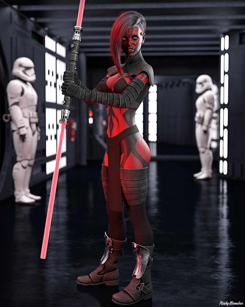 1girls 2023 3d black_body black_bra black_hair black_skin bra clothed clothing darth_maul depth_of_field fanart female female_focus holding_lightsaber indoors large_breasts looking_at_viewer pelvic_curtain red_body red_eyes red_hair red_lightsaber red_skin riskybomber rule_63 sci-fi science_fiction sith solo_focus standing star_wars stormtrooper thighhighs two-tone_hair two_tone_hair