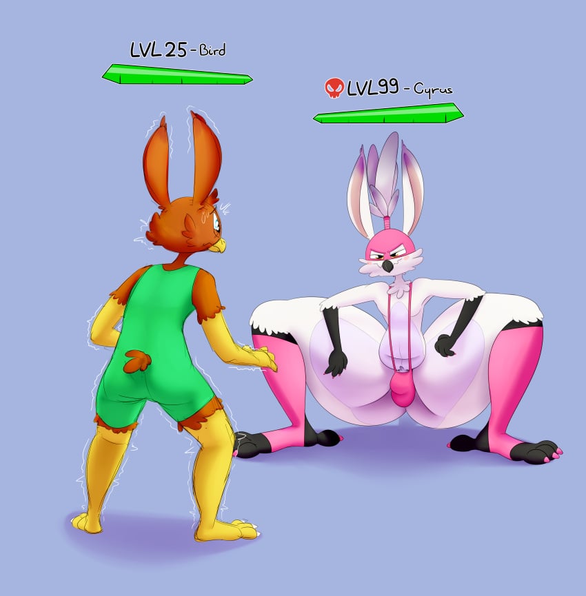 absurd_res anthro avian bird clothing duo flexible g-string gameplay_mechanics gui health_bar hi_res jigglyjuggle level_difference male male/male one_leg_up raised_leg size_difference splits spread_legs spreading standing underwear vertical_splits wrestling