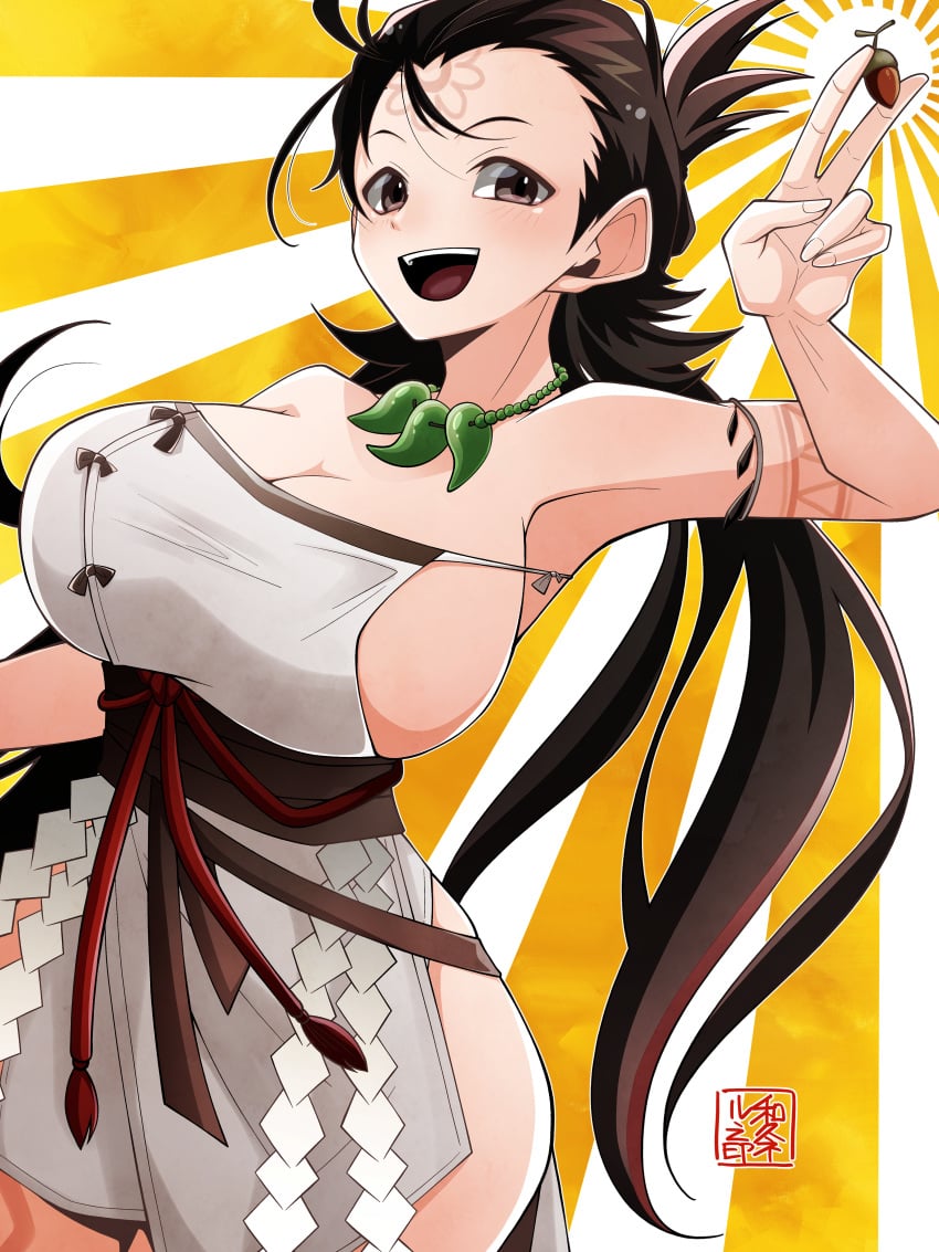 absurdres acorn bare_shoulders body_markings breasts brown_eyes brown_hair cleavage dress facial_mark fate/grand_order fate_(series) female forehead forehead_mark highres himiko_(fate) himiko_(first_ascension)_(fate) jewelry large_breasts long_hair looking_at_viewer magatama magatama_necklace necklace open_mouth sash side_slit sideboob smile solo thighs topknot twintails wagu_neru white_dress