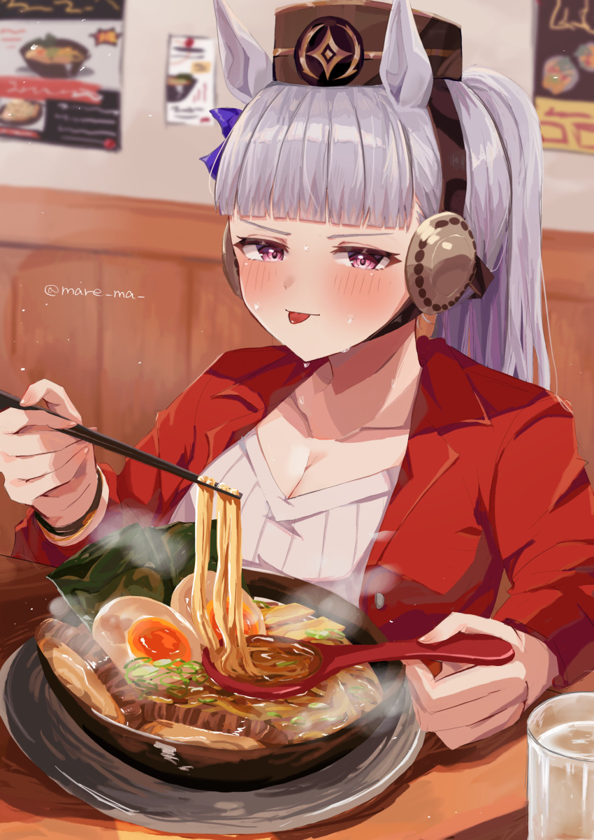 absurdres animal_ears blush bow bowl breasts brown_headwear cleavage commentary_request ear_bow eating egg female food glass gold_ship_(umamusume) grey_hair highres holding holding_spoon horse_ears horse_girl indoors jacket large_breasts looking_at_viewer mare_ma noodles pillbox_hat plate ponytail purple_bow purple_eyes ramen red_jacket sitting solo spoon sweat sweater tongue tongue_out twitter_username umamusume upper_body watch white_sweater wristwatch