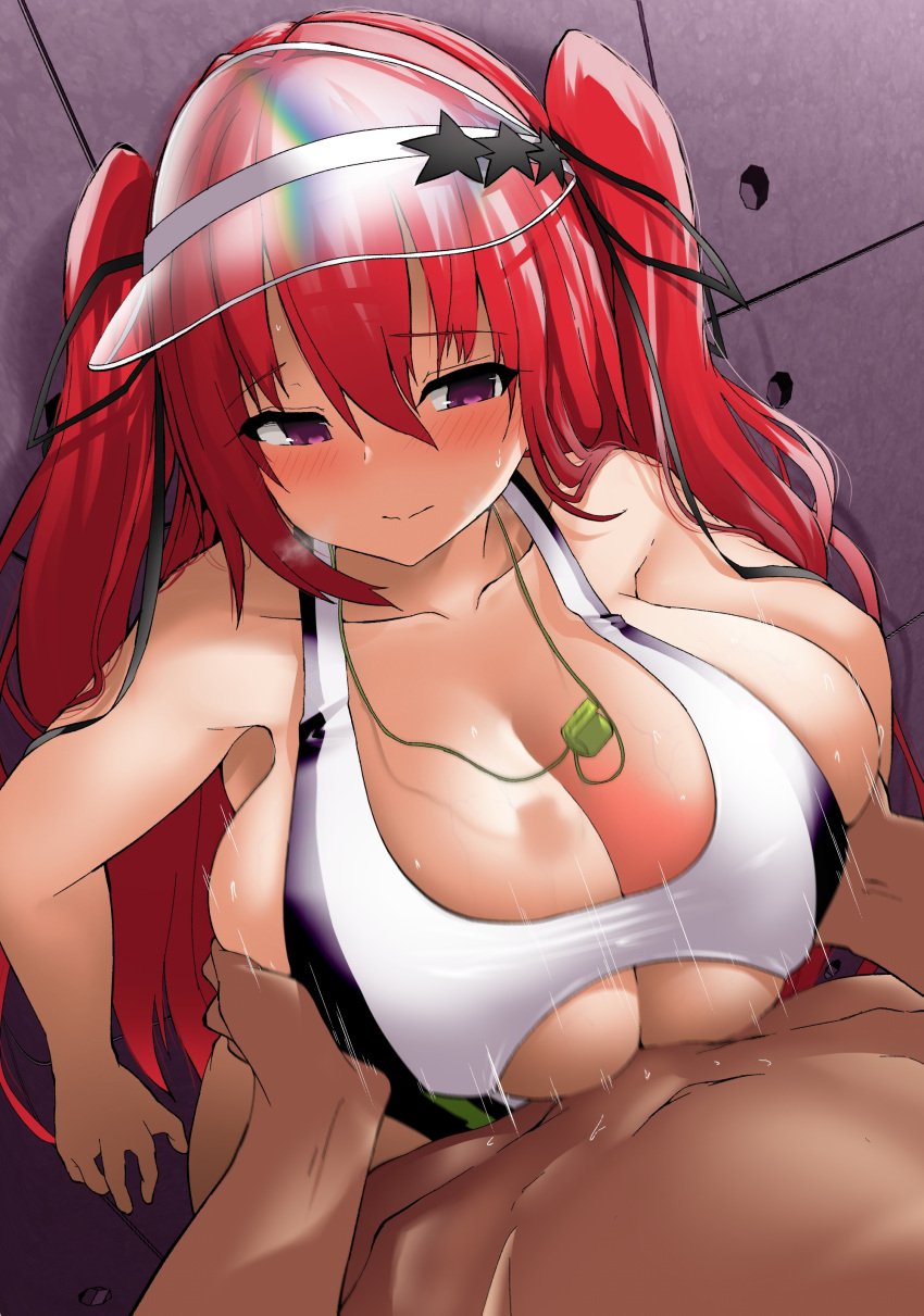 1boy absurdres akure_ekuto blush breasts cleavage closed_mouth clothed_female_nude_male commentary_request commission female hair_between_eyes hat_ornament highres huge_breasts long_hair looking_at_viewer motion_lines naruse_mio nude paizuri pov purple_eyes red_hair shinmai_maou_no_testament skeb_commission solo_focus star_(symbol) star_hat_ornament sweat transparent_headwear two_side_up variant_set visor_cap whistle whistle_around_neck