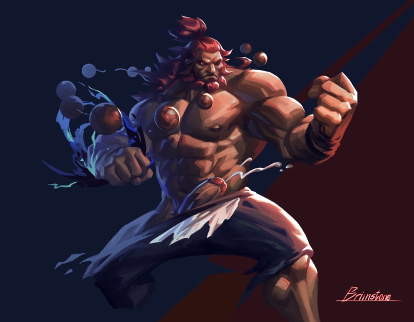 1boy 2023 akuma bara bara_tits barazoku battle_demon big_penis boner capcom clothing cum cum_drip cum_dripping_from_penis erection gay genital_fluids male male_focus male_nipples male_only manly muscular_male nipples penis red_hair solo solo_male street_fighter yaoi