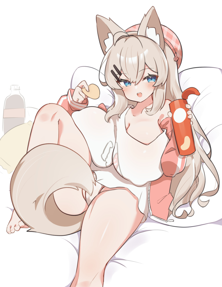 animal_ear_fluff animal_ears beret between_legs blue_eyes blush breasts cardigan chips_(food) cleavage coca-cola dog_ears dog_girl dog_tail food hair_ornament hairclip hat highres huge_breasts long_hair no_bra no_pants off_shoulder on_bed open_cardigan open_clothes original panties pillow potato_chips pringles pringles_can satou_kurua satou_kurua_(artist) shirt simple_background tail tail_between_legs underwear very_long_hair white_background white_hair white_panties white_shirt