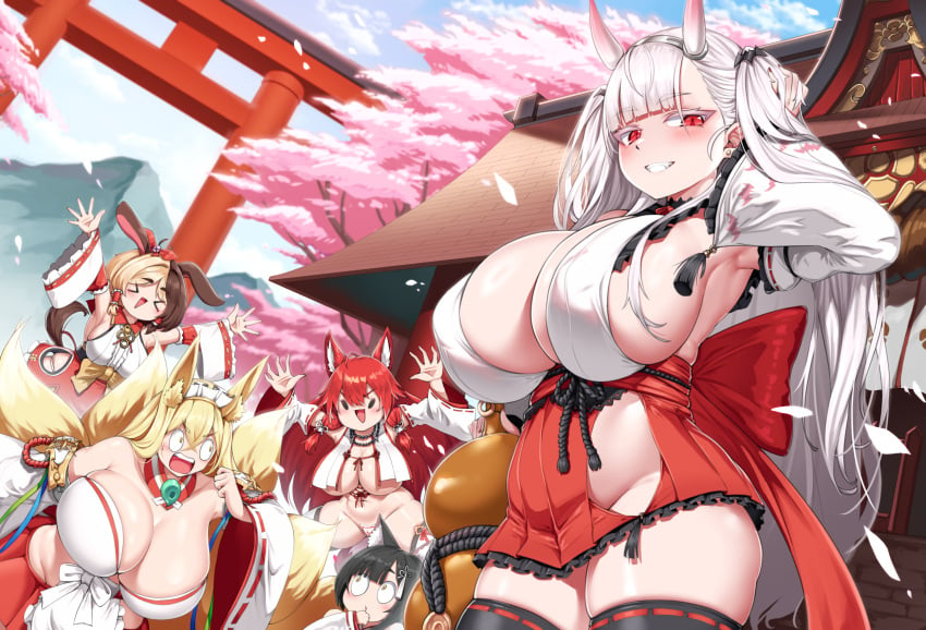 animal_ear_fluff animal_ears blonde_hair blush breasts brown_hair character_request chibi cho!cho! cleavage covered_nipples cross cross_earrings curvy dog_ears dog_girl dog_tail draculina_(last_origin) draculina_(oni-style_miko)_(last_origin) earrings fangs fenrir_(last_origin) fox_ears fox_girl gigantic_breasts grin hachiko_(last_origin) hachiko_of_castling hair_between_eyes highres hirume_of_heavenly_incense horns huge_breasts jewelry kitsune kyuubi last_origin long_hair looking_at_viewer multicolored_hair multiple_girls multiple_tails open_mouth origin) plump pointy_ears red_eyes smile tail thick_thighs thighhighs thighs two-tone_hair vampire very_long_hair white_hair