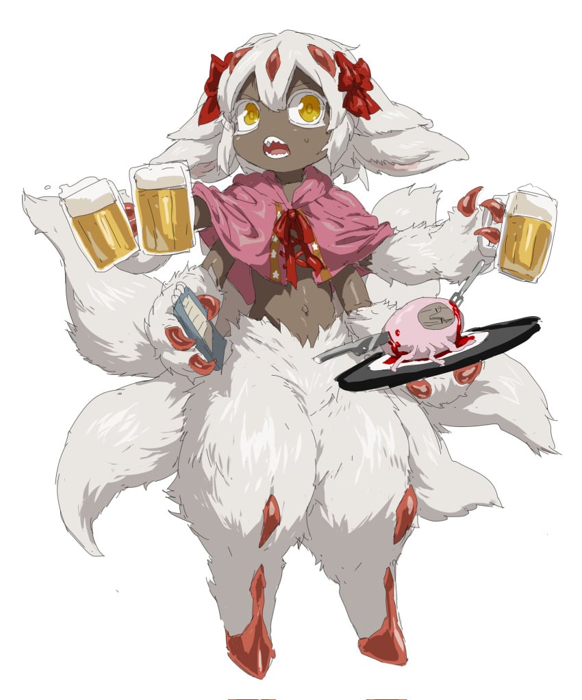 :o alcohol alternate_costume beer beer_mug body_fur bow bowtie capelet claws colored_eyelashes cup cute dark-skinned_female dark_skin drink faputa female fewer_digits fork full_body hairbow hashtag_only_commentary highres holding holding_cup holding_tray horn horns knife looking_to_the_side made_in_abyss monster_girl mug multi_arm multi_horn multi_limb multi_tail navel open_mouth pink_capelet red_bow red_bowtie red_horns sfw sharp_teeth solo stab standing tail teeth tray white_background white_fur xiaopizi32439 yellow_eyes