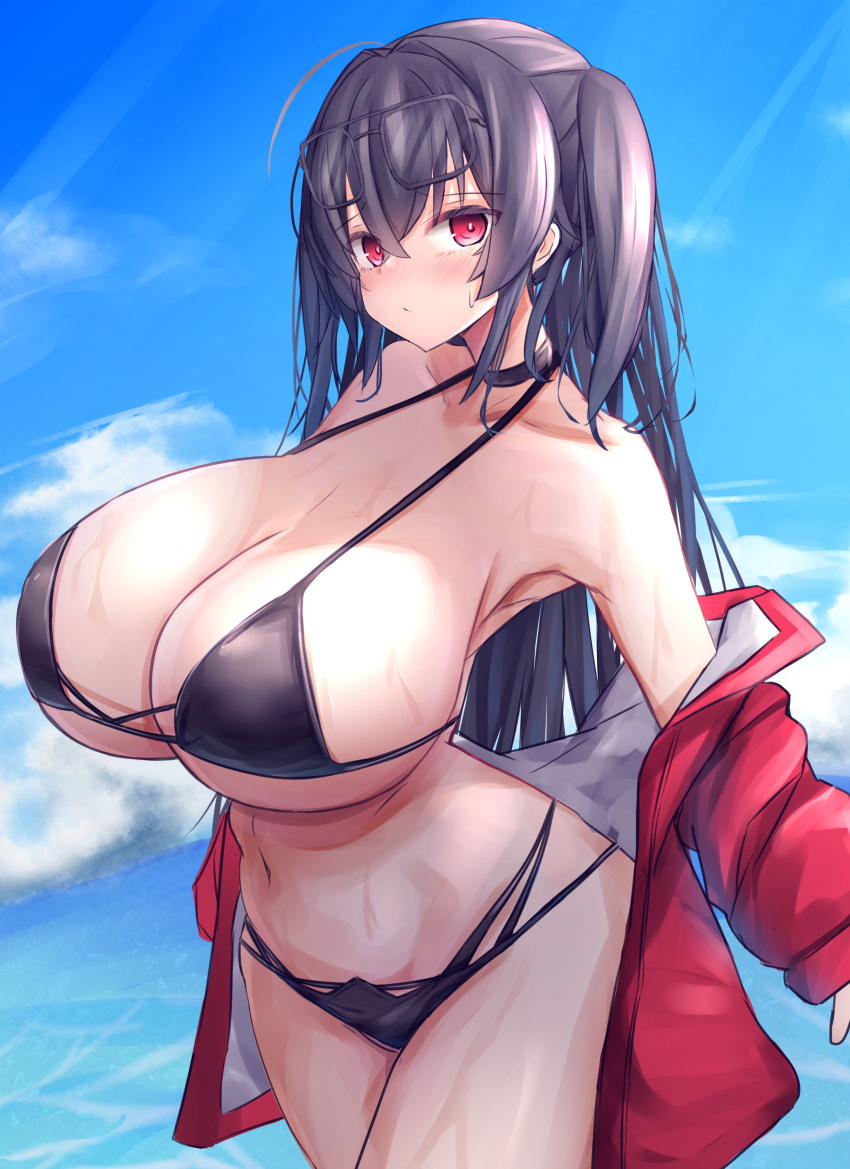 1girls azur_lane bikini black_hair breasts female hips huge_breasts light-skinned_female light_skin long_hair outdoors race_queen red_eyes sakura_empire_(azur_lane) taihou_(azur_lane) taihou_(enraptured_companion)_(azur_lane) thick_thighs thighs wide_hips yuuki_shuri