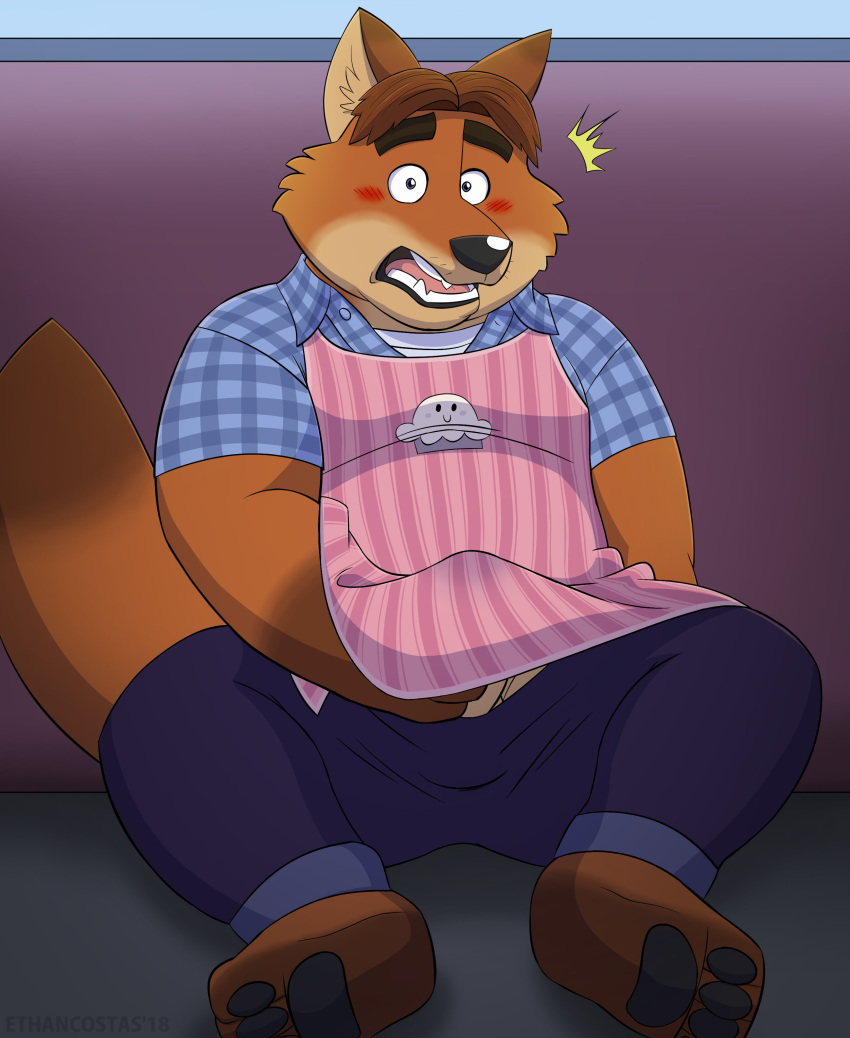 2018 absurd_res anthro apron barely_visible_genitalia barely_visible_penis black_nose blush bottomwear canid canine clothing disney ethancostas feet fox genitals gideon_grey hi_res male male_only mammal masturbation overweight overweight_male pants penis shirt sitting solo surprise topwear zootopia