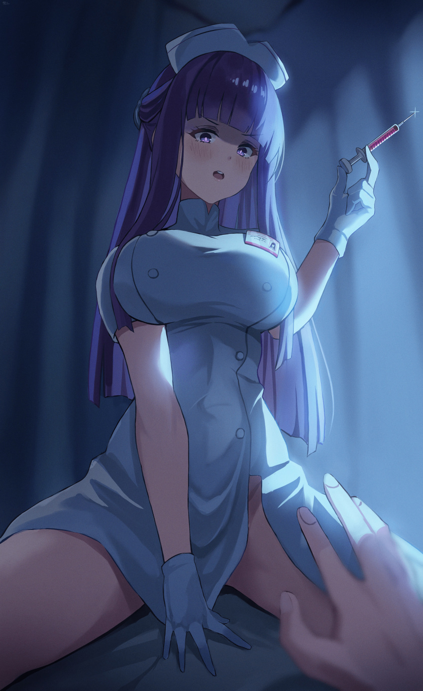 1boy absurdres blunt_bangs breasts cowgirl_position female fern_(sousou_no_frieren) gloves hat highres holding holding_syringe large_breasts long_hair looking_at_viewer nurse nurse_cap open_mouth pov pov_hands purple_eyes purple_hair solo_focus sousou_no_frieren straddling straight syringe thighs v-shaped_eyebrows very_long_hair white_gloves yato_(yama0x1)