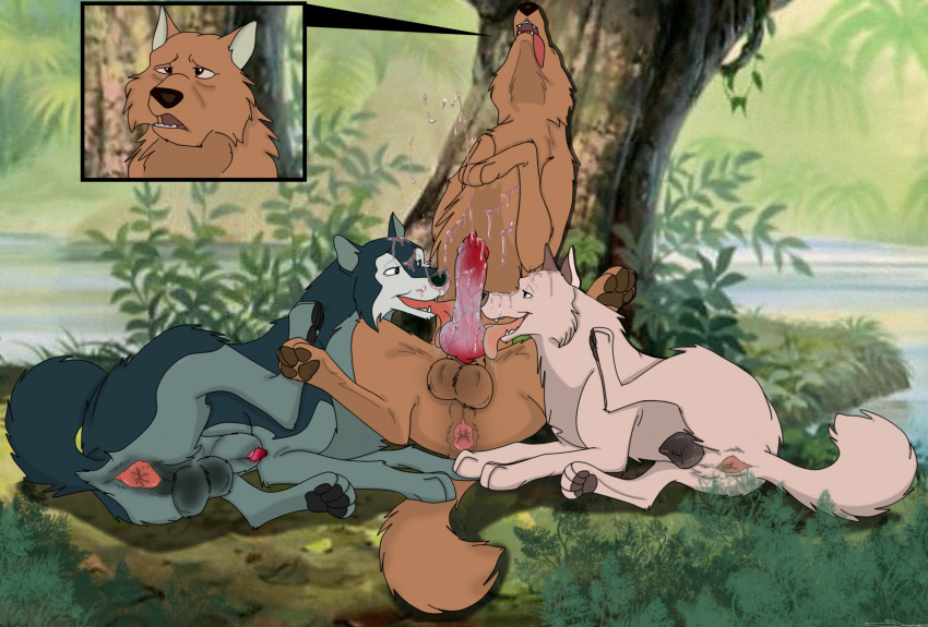 alexander_(jungle_book_shonen_mowgli) animal_genitalia animal_penis animal_pussy anthro anus balls bodily_fluids canid canine canine_genitalia canine_penis canine_pussy canis cum cum_on_face ejaculation erection female genital_fluids genitals group hi_res holidaypup jungle_book_shonen_mowgli knot licking looking_pleasured luri_(jungle_book_shonen_mowgli) male male/female male/male mammal oral pawpads paws penile penis penis_lick penis_tip plant pussy quadruped sex sheath story_at_source tongue tongue_out tree trio vermillion_(jungle_book_shonen_mowgli) wolf