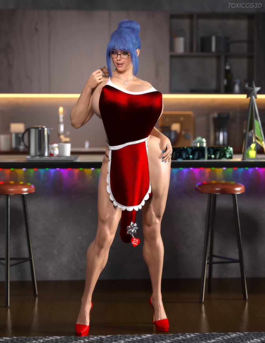 1futa 3d alternate_version_available athletic_futanari balls big_breasts blue_eyes blue_hair breast_implants bulge busty christmas cookie dickgirl fake_breasts flaccid flaccid_penis futa_only futanari glasses hair_bun high_heels hourglass_figure naked_apron panties penis pinup rubber_duck sarah_finn_(toxiccg3d) testicles toxiccg3d