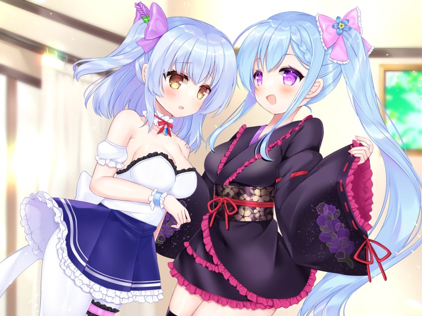 2girls :d bare_shoulders black_kimono blue_flower blue_hair blue_skirt blurry blurry_background blush bow breasts brown_eyes cleavage collarbone commission copyright_request curtains day depth_of_field detached_sleeves flower frilled_bow frilled_kimono frilled_skirt frilled_sleeves frills hairbow highres indoors japanese_clothes kimono long_sleeves medium_breasts multiple_girls one_side_up pink_bow pleated_skirt puffy_short_sleeves puffy_sleeves purple_bow shikito short_kimono short_sleeves side_ponytail skeb_commission skirt sleeves_past_wrists smile sunlight white_sleeves wide_sleeves window wrist_cuffs