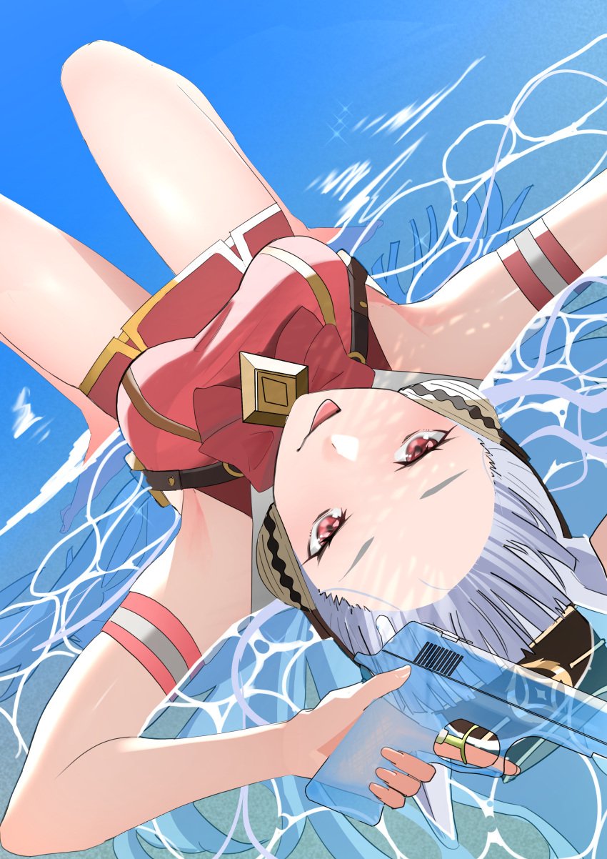 absurdres animal_ears arm_strap armpits bare_legs barefoot bow bowtie breasts brown_headwear closed_mouth day dress dutch_angle eyelashes female forehead full_body gold_ship_(umamusume) gold_trim grey_hair gun highres holding holding_gun holding_weapon horse_ears horse_girl jitome_no_tsugumi knees_up long_hair looking_at_viewer lying medium_breasts on_back outdoors partially_submerged red_bow red_bowtie red_dress red_eyes shadow sleeveless solo toenails tongue tongue_out umamusume very_long_hair water water_gun weapon