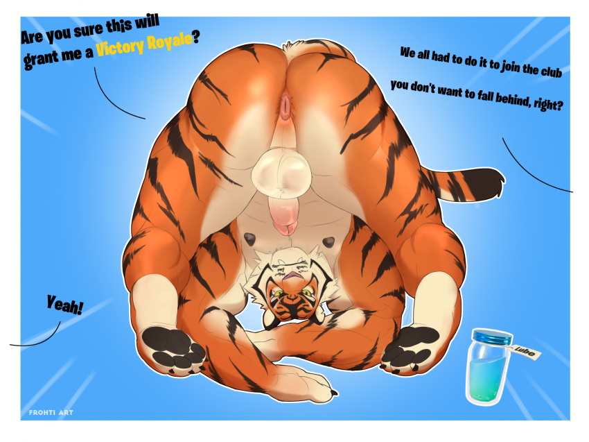 anthro anus ass ass_up backsack balls container dialogue epic_games feet felid fortnite frohti fur genitals hi_res jar looking_at_viewer looking_through looking_through_legs lube male male_only mammal muscular muscular_anthro muscular_male nipples nude offscreen_character orange_body orange_fur oscar_(fortnite) pantherine pawpads presenting presenting_hindquarters raised_tail solo tail tiger