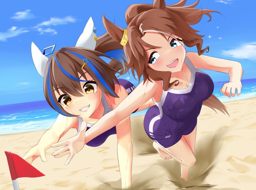 2girls animal_ears ao_komhur bare_shoulders barefoot beach blue_eyes blue_hair blue_one-piece_swimsuit blue_sky blush breasts brown_hair cleavage cloud cloudy_sky colored_inner_hair commentary_request daitaku_helios_(umamusume) denim denim_shorts ear_covers ear_ornament ear_piercing flag grin hair_ornament hairclip horse_ears large_breasts mejiro_palmer_(umamusume) multicolored_hair multiple_girls one-piece_swimsuit outdoors piercing red_flag sand shorts sky smile streaked_hair swimsuit teeth tracen_swimsuit umamusume upper_teeth_only water white_hair yellow_eyes