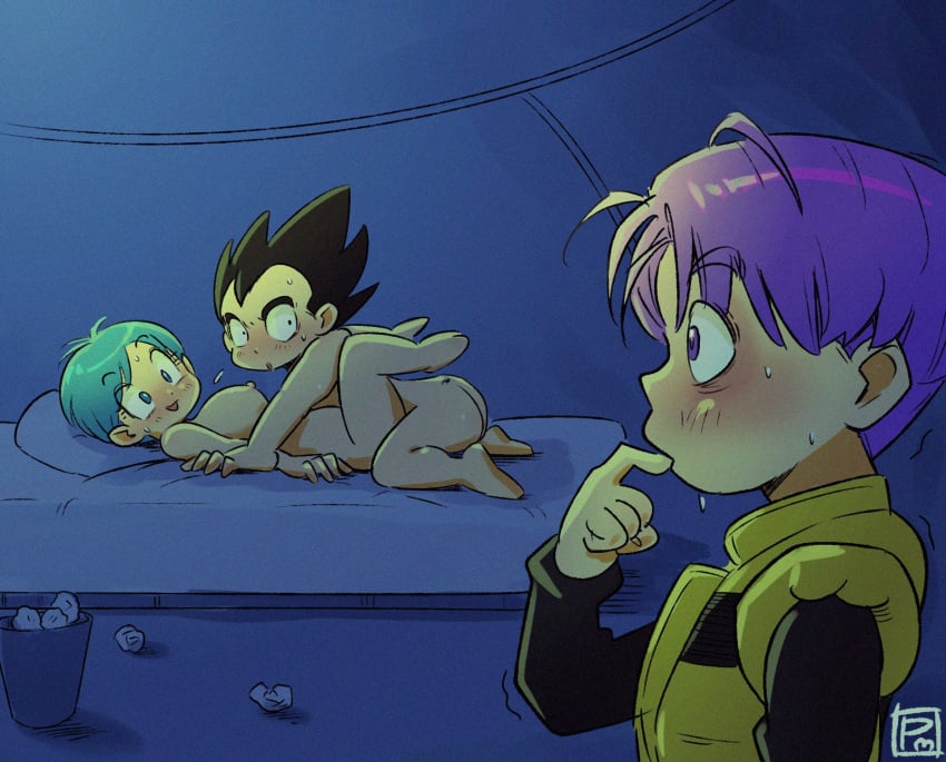 2boys aqua_hair ass barefoot blonde_hair blush breasts bulma bulma_(dragon_ball) bulma_briefs caught dragon_ball dragon_ball_super feet female highres nipples nude open_mouth pink_mousse pointy_hair sex short_hair straight trunks_(dragon_ball) trunks_briefs vegeta