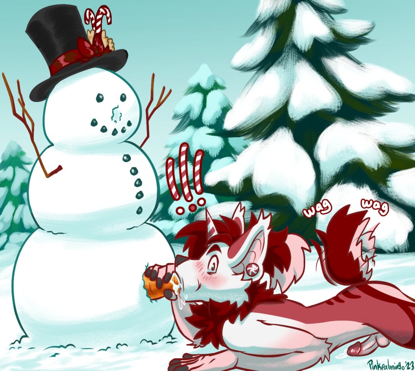 anthro caught embarrassed equid equine erection hi_res horn male mammal oral outside pinkpalmingo public snow snowman solo surprise tail tail_motion tailwag unicorn winter