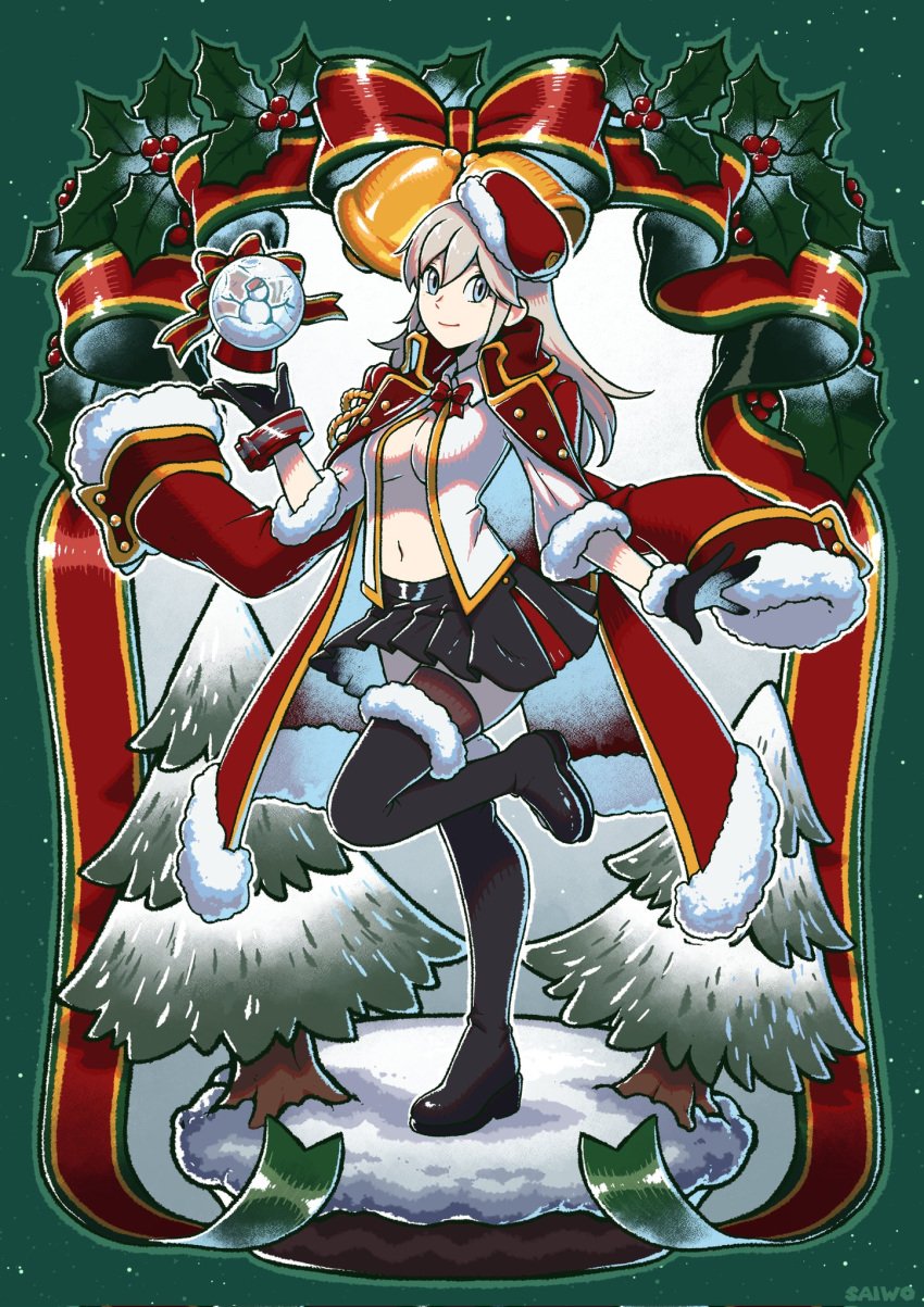 alisa_ilinichina_amiella alternate_costume black_footwear black_gloves black_skirt blue_eyes boots bow breasts christmas female fur-trimmed_boots fur-trimmed_gloves fur-trimmed_headwear fur-trimmed_jacket fur-trimmed_shirt fur_trim gloves god_eater grey_hair hat highres holly jacket jacket_on_shoulders large_breasts leg_up long_hair looking_at_viewer navel open_clothes open_jacket open_shirt pine_tree red_bow red_headwear red_jacket saiwo_(saiwoproject) shirt skirt snow_globe solo thigh_boots tree white_shirt