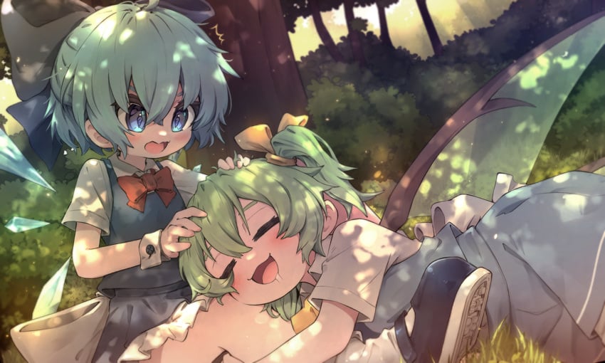 2girls blue_bow blue_dress blue_eyes blue_hair blue_skirt blue_vest blush bow cirno collared_shirt daiyousei day detached_wings dress fairy fairy_wings forest green_hair hair_between_eyes hairbow ice ice_wings long_hair mr.turtle_head multiple_girls nature open_mouth shirt short_hair short_sleeves side_ponytail skirt smile touhou tree vest white_shirt wings wrist_cuffs