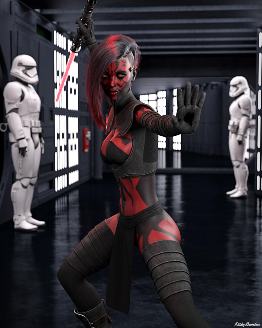 1girls 2023 3d black_body black_bra black_hair black_skin bra clothed clothing darth_maul depth_of_field fanart female female_focus holding_lightsaber indoors large_breasts looking_at_viewer pelvic_curtain red_body red_eyes red_hair red_lightsaber red_skin riskybomber rule_63 sci-fi science_fiction sith solo_focus standing star_wars stormtrooper thighhighs two-tone_hair two_tone_hair