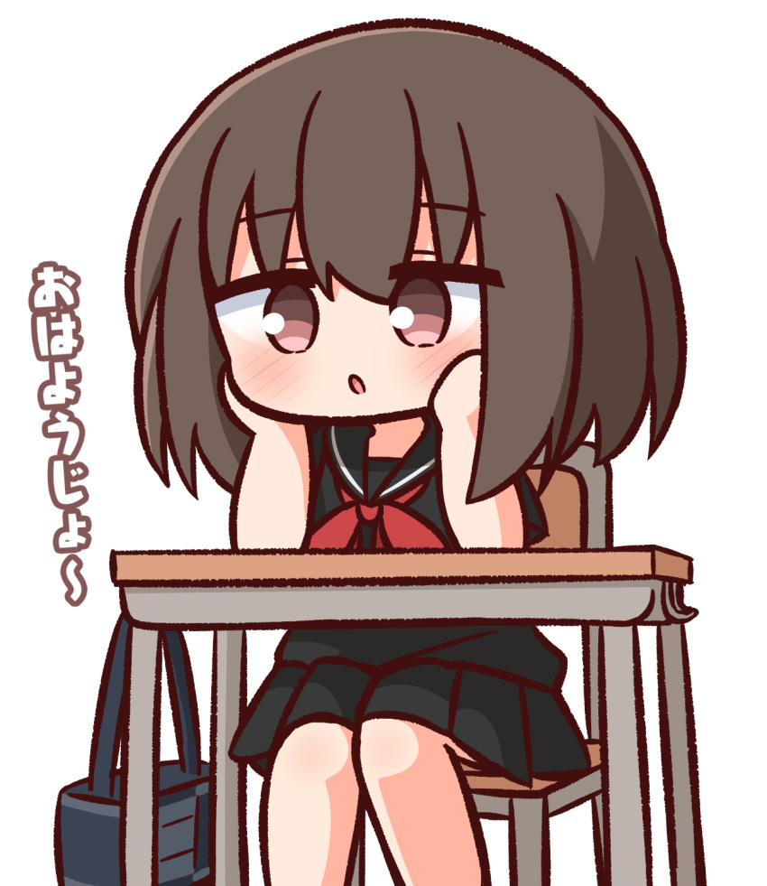 bag black_sailor_collar black_serafuku black_shirt black_skirt blush brown_eyes brown_hair chair chibi chibi_style desk feet_out_of_frame female hair_between_eyes hana_kazari hands_up highres long_hair neckerchief on_chair original parted_lips pleated_skirt red_neckerchief sailor_collar school_bag school_chair school_desk school_uniform serafuku shirt short_sleeves simple_background sitting skirt solo translation_request white_background