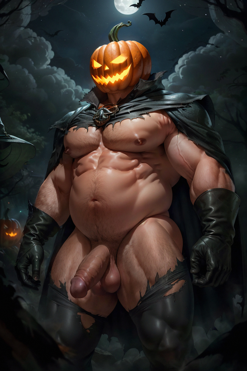 1boy 2023 ai_generated balls bara bara_tits barazoku big_balls big_penis completely_nude completely_nude_male erection gay halloween hard_on holidays jack-o'-lantern jack_o'_lantern male male_focus male_nipples male_only manly muscular_male nipples nude penis pumpkin pumpkin_head pumpkin_head_(character) solo solo_male yaoi