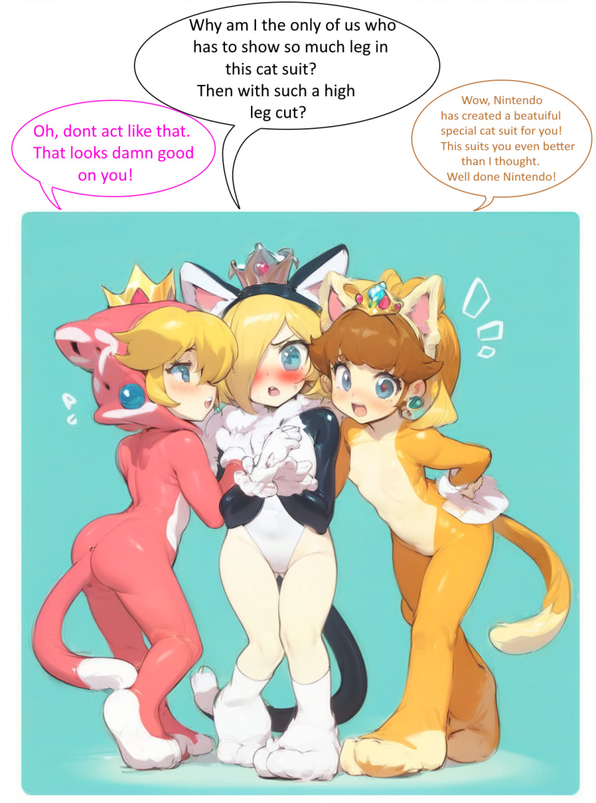 3girls adorable ai_generated blush cat_daisy cat_ears cat_peach cat_rosalina cat_suit cat_tail catgirls cute forced humiliated humiliating humiliation leggy mario_(series) naked_legwear nintendo princess princess_daisy princess_peach princess_rosalina super_mario_3d_world super_mario_bros.