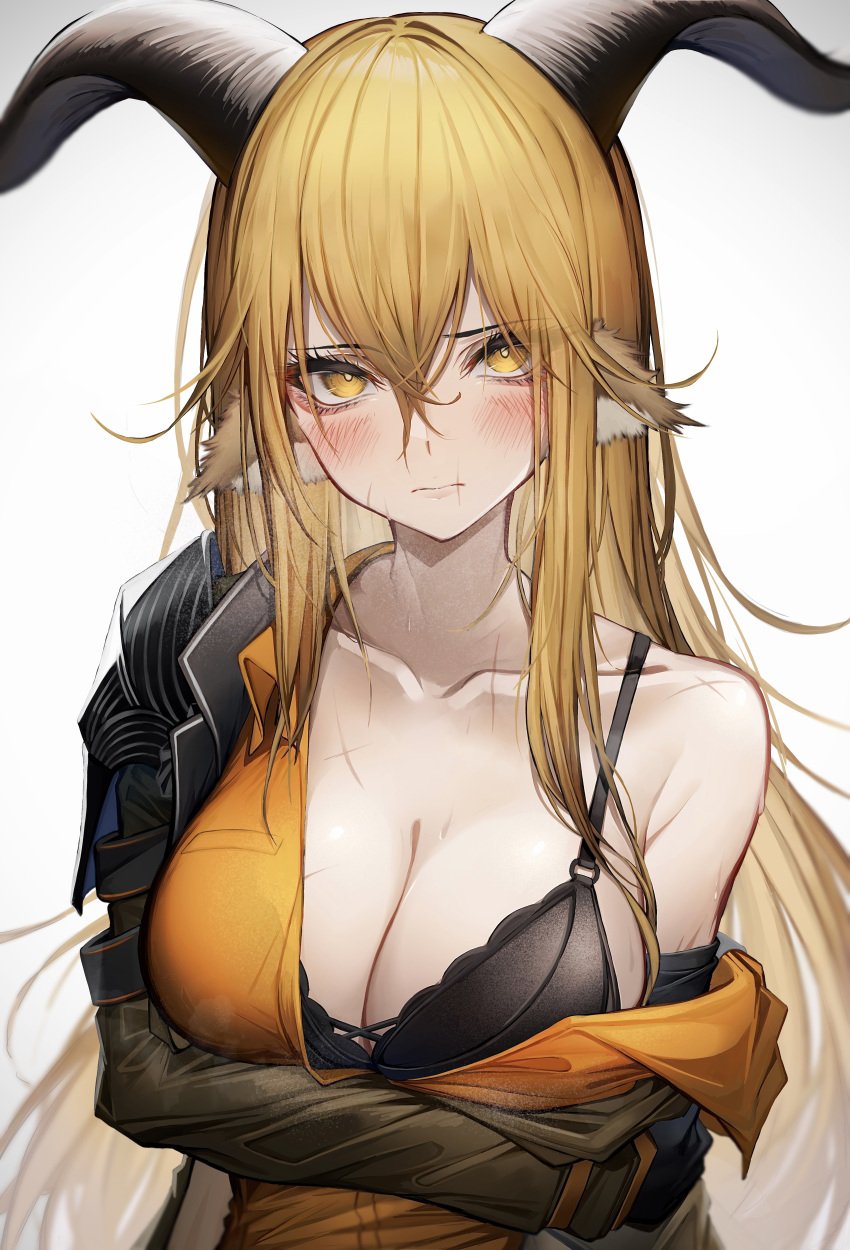 1girls animal_ears arknights black_bra blonde_hair blush degenbrecher_(arknights) female female_focus female_only half-dressed highres horns large_breasts light-skinned_female light_skin long_hair long_horns looking_at_viewer scars solo tab_head tagme yellow_eyes