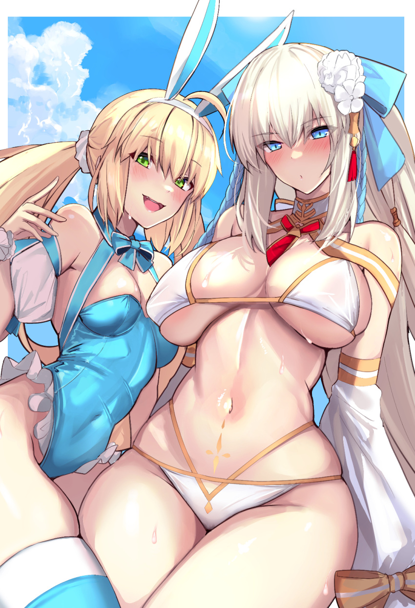 2girls alternate_breast_size artoria_pendragon artoria_pendragon_(caster) bikini blonde_hair blue_eyes blush breast_size_difference breasts bunny_ears fate/grand_order fate_(series) female green_eyes huge_breasts light-skinned_female light_skin long_hair medium_breasts morgan_le_fay_(fate) naughty_face one-piece_swimsuit outdoors smile swimsuit twintails untsue white_hair