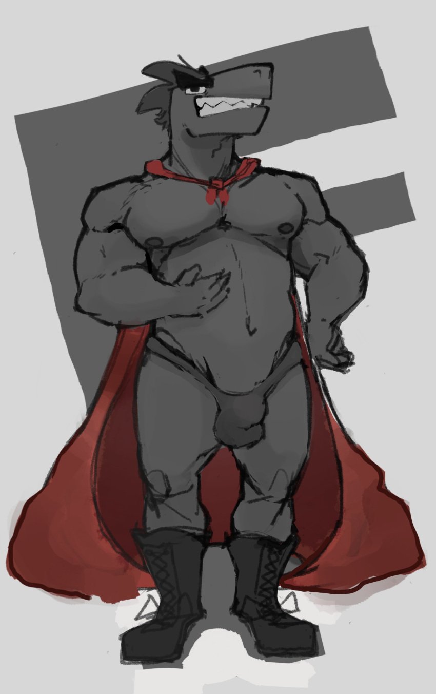 alphabet_(mike_salcedo) balls bara black_body bulge cape f_(mike_salcedo) furry male male_only muscles muscular no_visible_genitalia penis prim0rdia solo solo_male