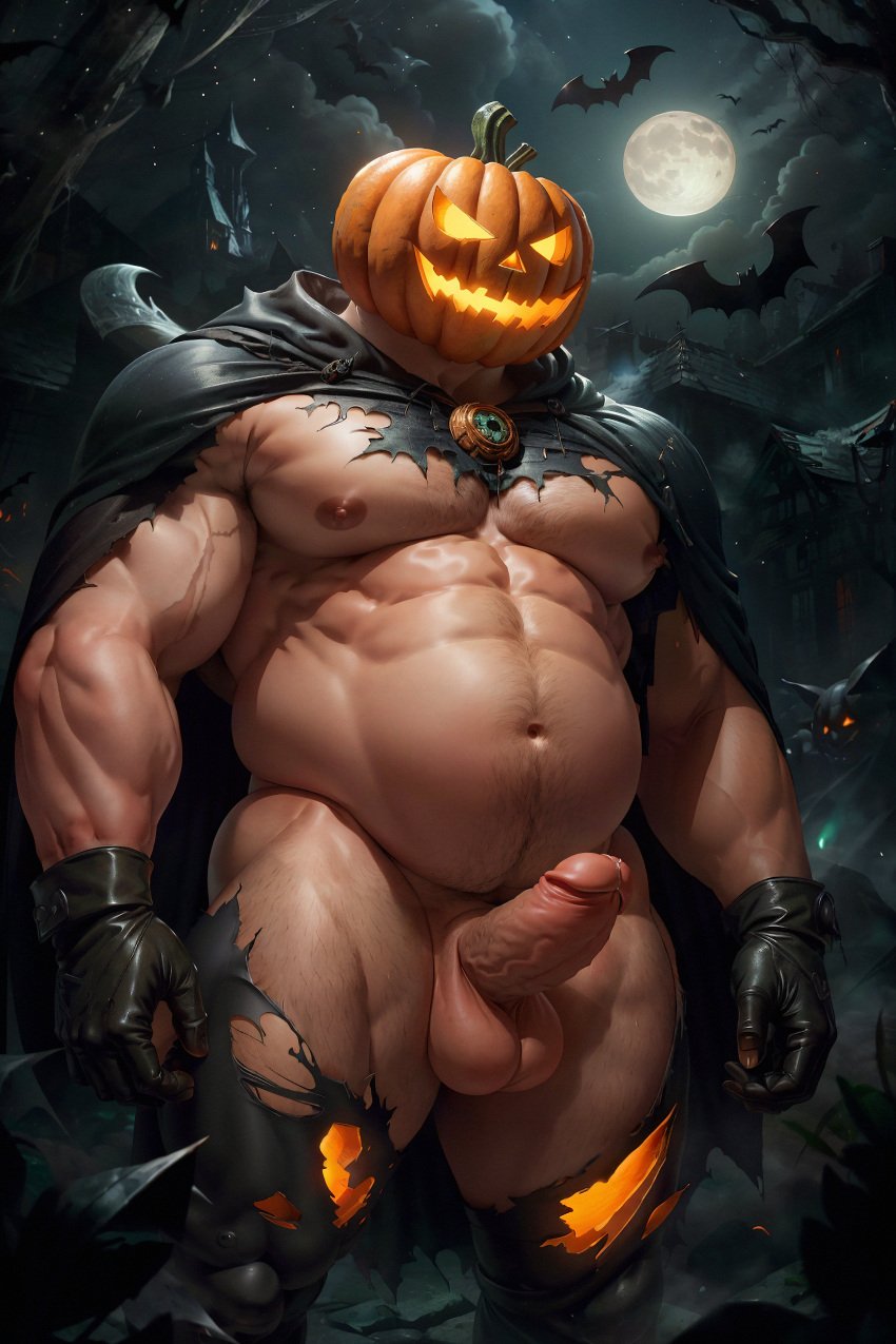 1boy 2023 ai_generated balls bara bara_tits barazoku big_balls big_penis completely_nude completely_nude_male erection gay halloween hard_on holidays jack-o'-lantern jack_o'_lantern male male_focus male_nipples male_only manly muscular_male nipples nude penis pumpkin pumpkin_head pumpkin_head_(character) solo solo_male yaoi