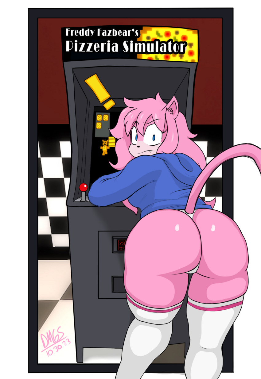 aeris_(vg_cats) anthro arcade_machine ass clothing dmgslinky2025 domestic_cat felid feline felis female hi_res hoodie legwear mammal solo squish stockings thigh_squish topwear underwear vg_cats webcomic