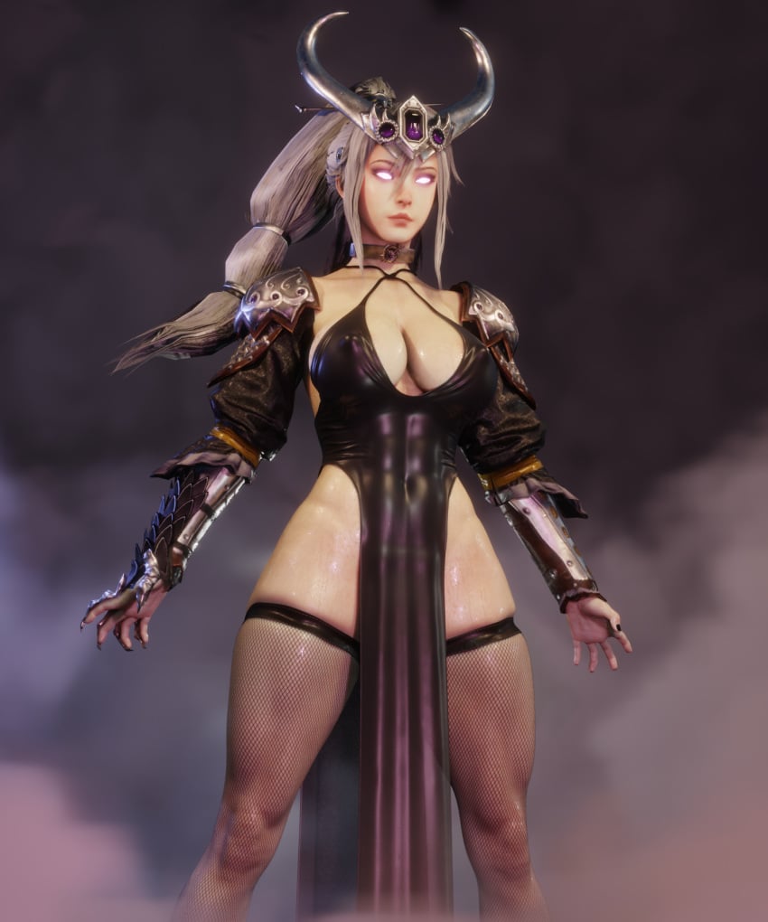 1girls 3d black_stockings busty chinese_female cleavage dragon_girl female female_only fishnet_stockings fishnets glowing_eyes large_breasts miao_ying silver_hair skimpy skimpy_clothes soboro solo solo_female standing stockings sweaty sweaty_body thick_thighs warhammer_(franchise) warhammer_fantasy wet_skin